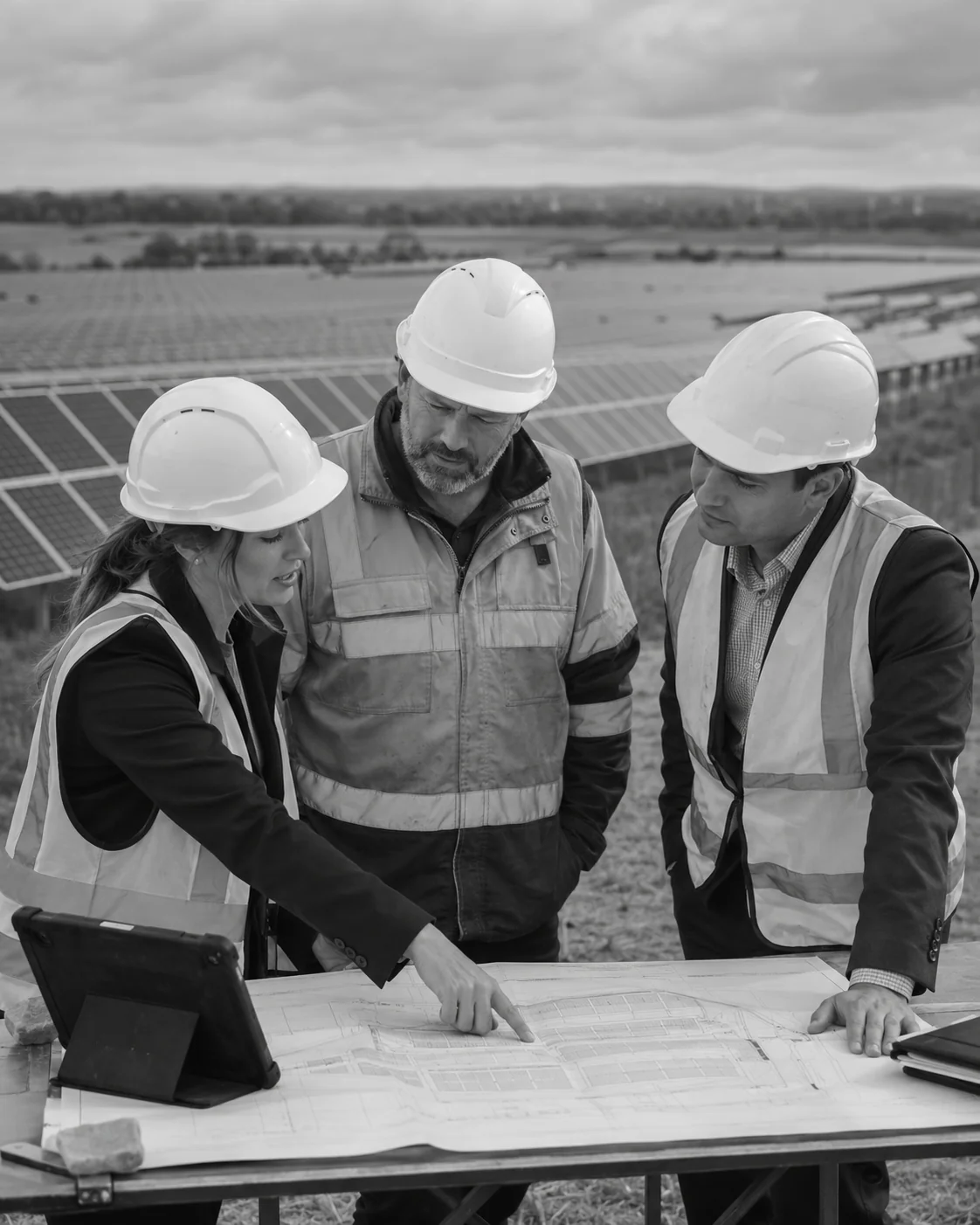 Construction and finance professionals reviewing project plans beside a large solar farm