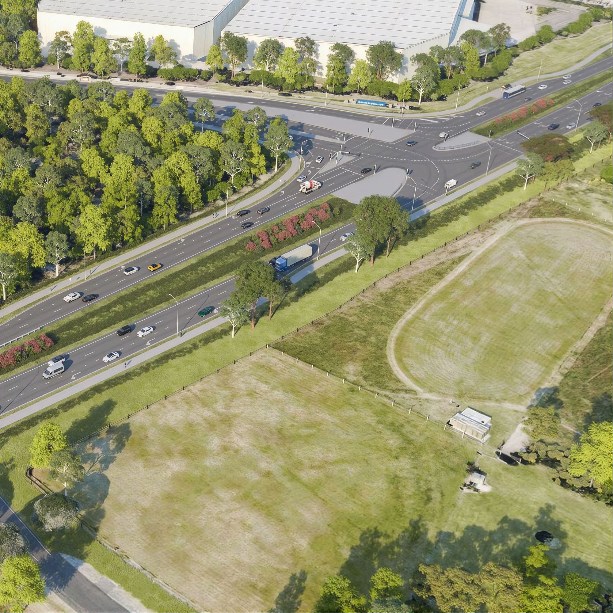 Aerial render of a road junction beside open grassland