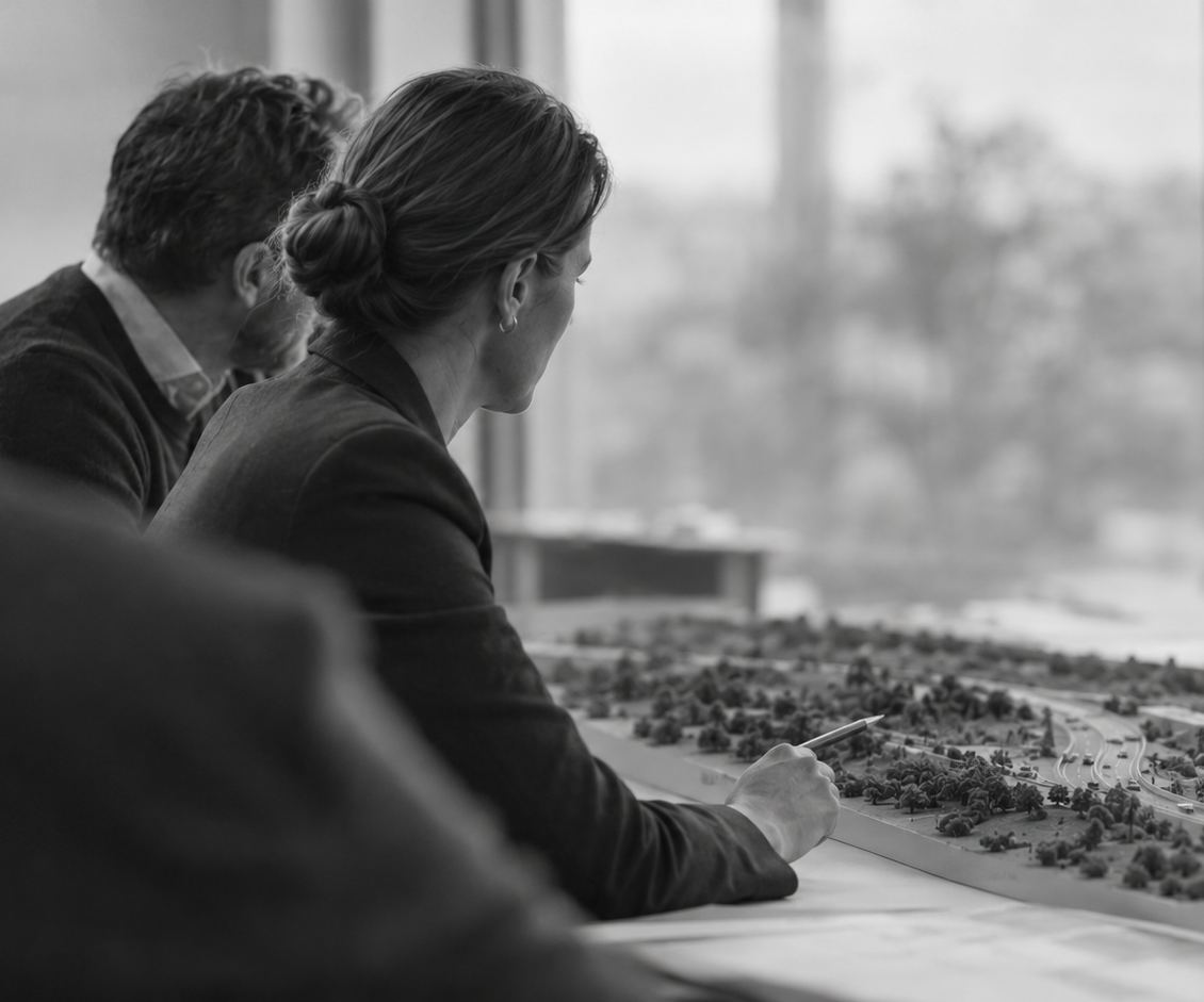 Advisors leaning over a site model of a road corridor