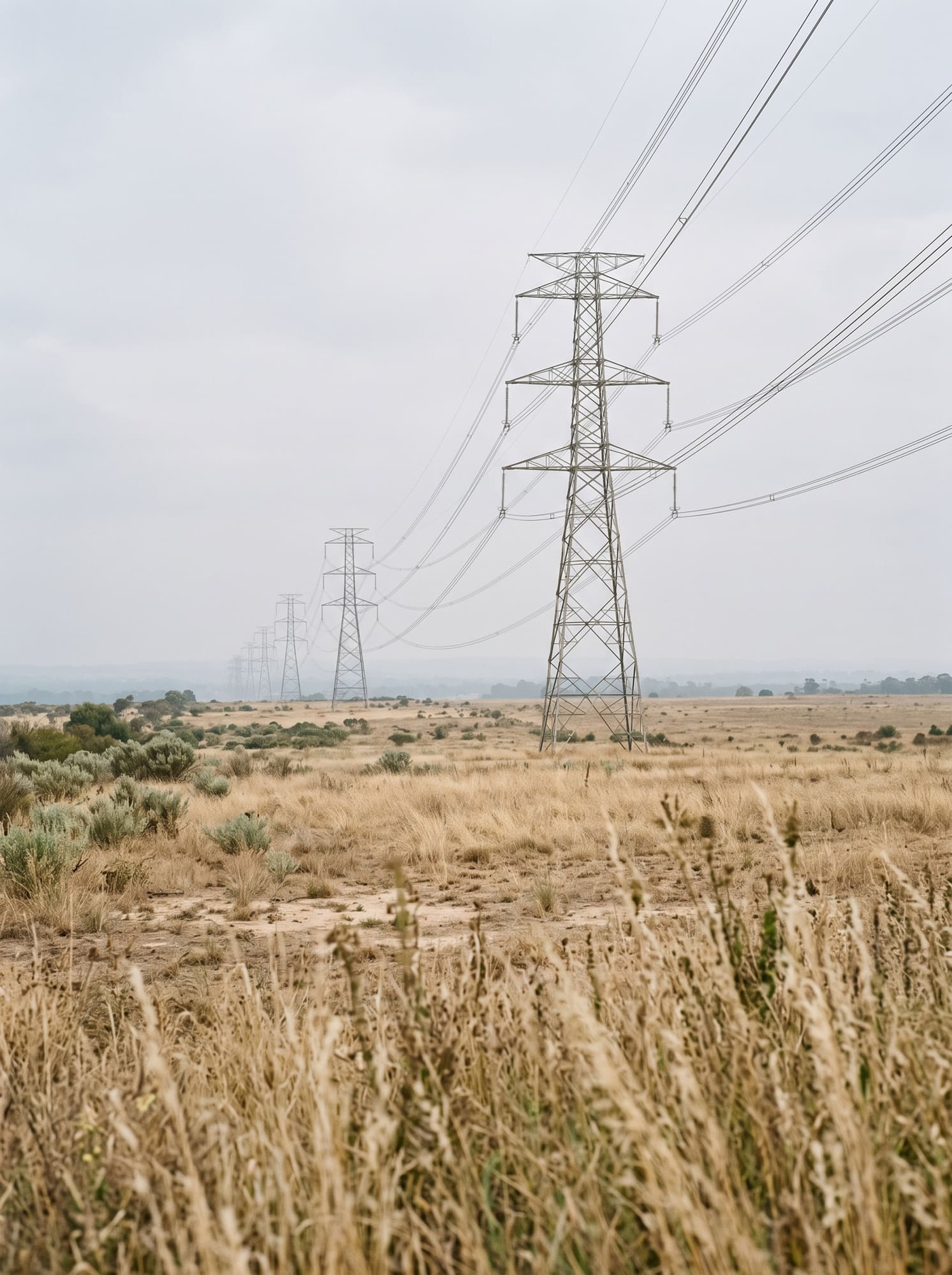 Transmission towers across dry grassland