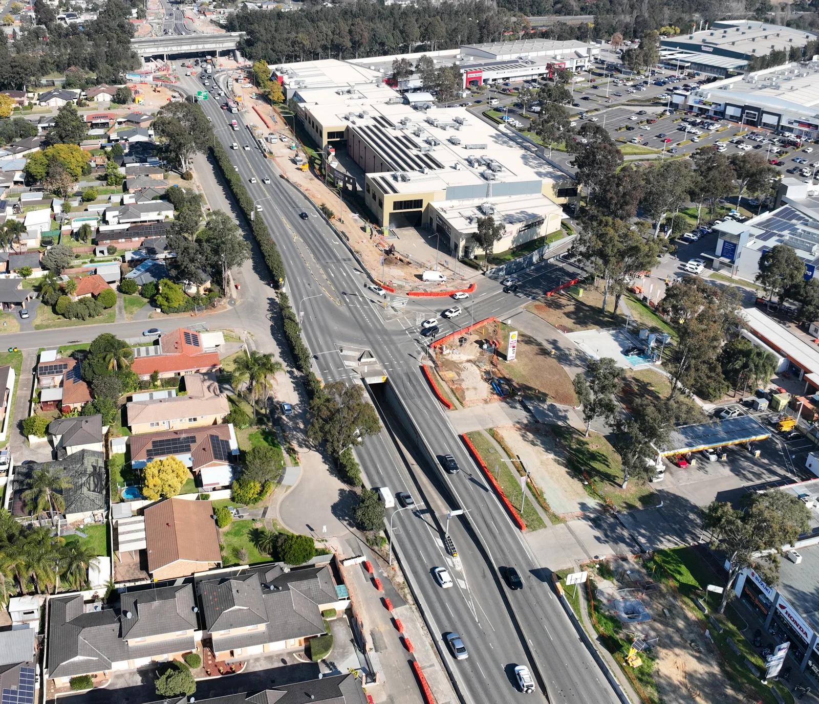 Aerial view of construction along Mulgoa Road beside Penrith Homemaker Centre